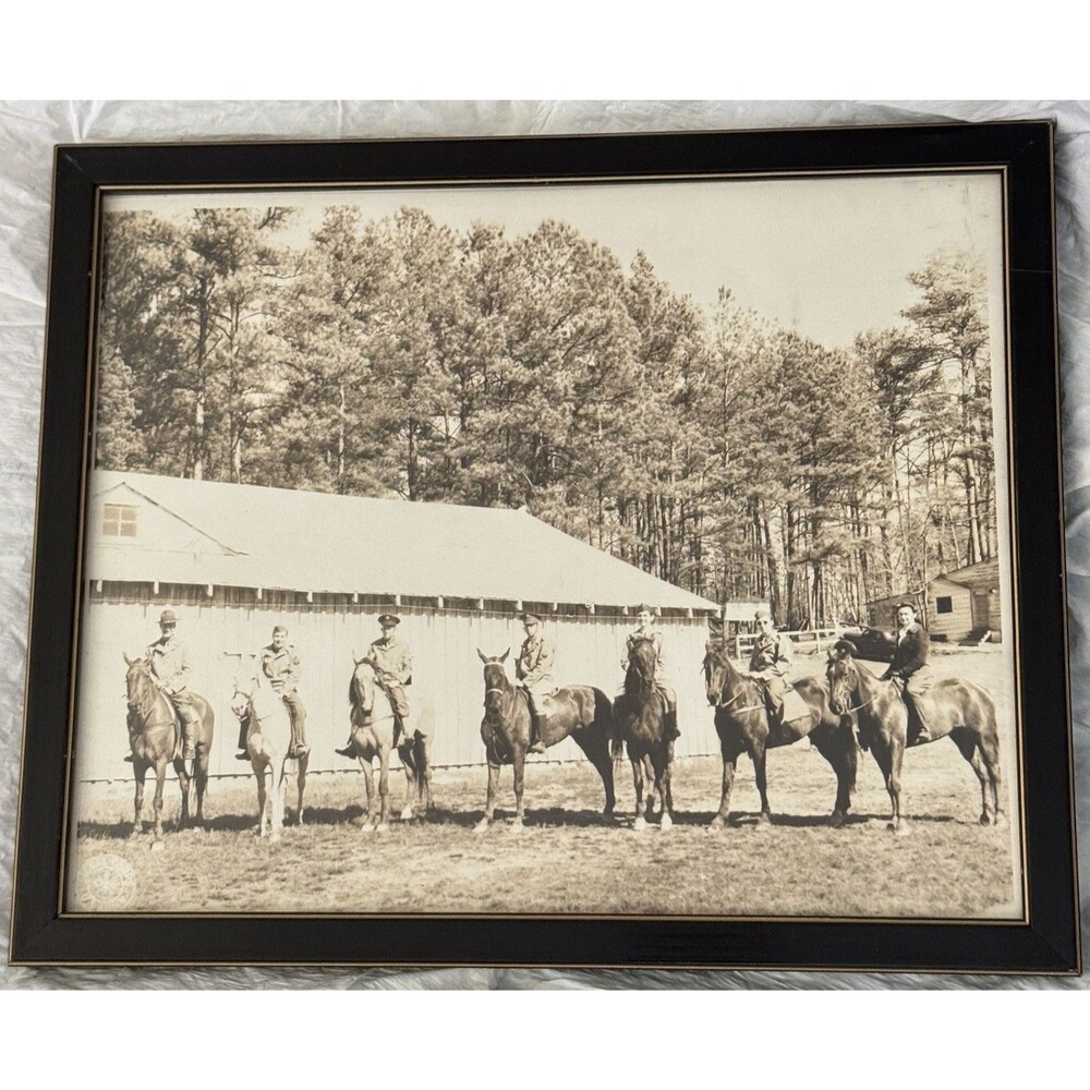 B&W Photo Soldiers Horseback Military Signal Core Army Frame Sepia Antique VNTG